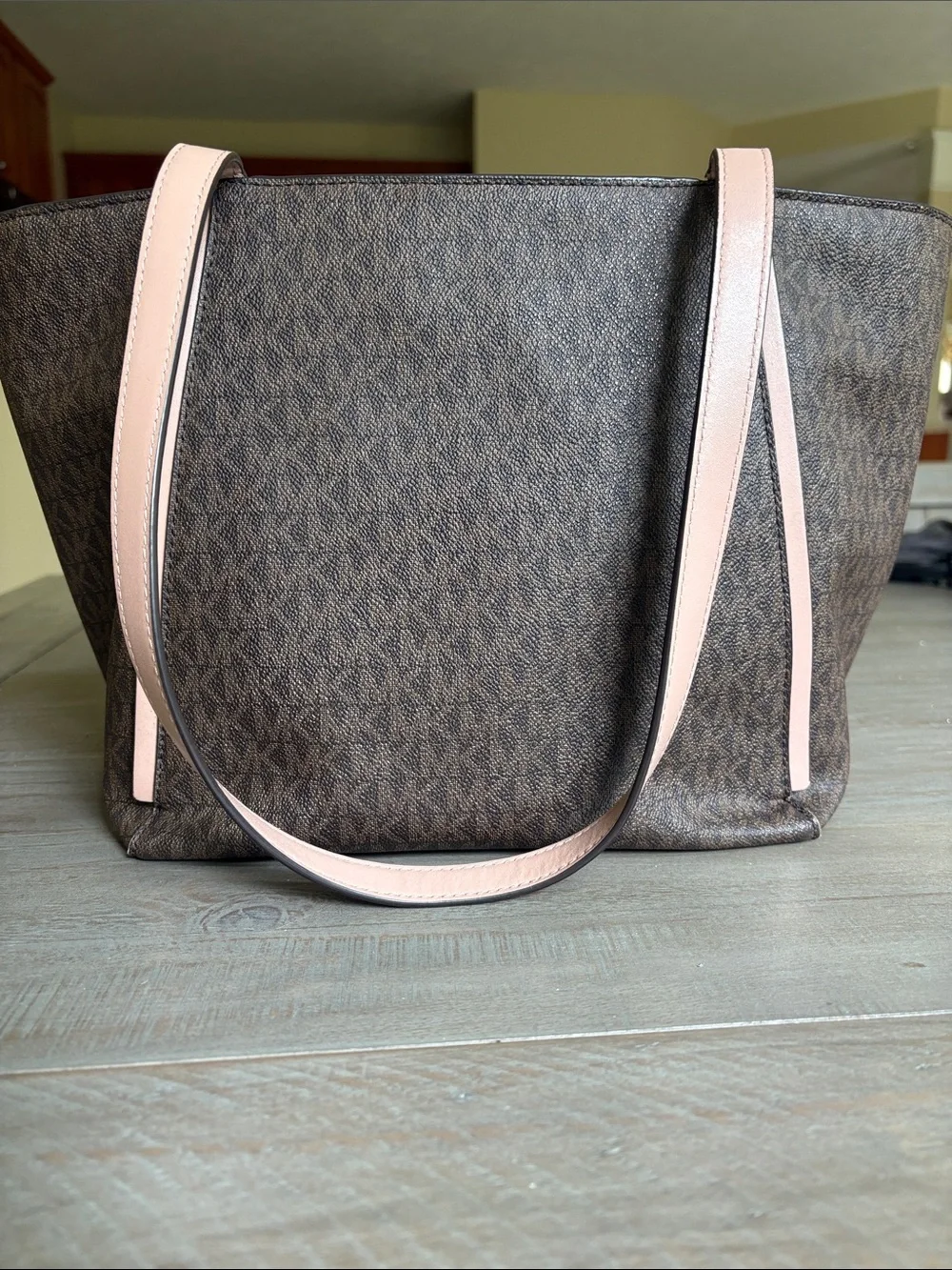Michael Kors Brown Signature Tote with Pale Pink Trim